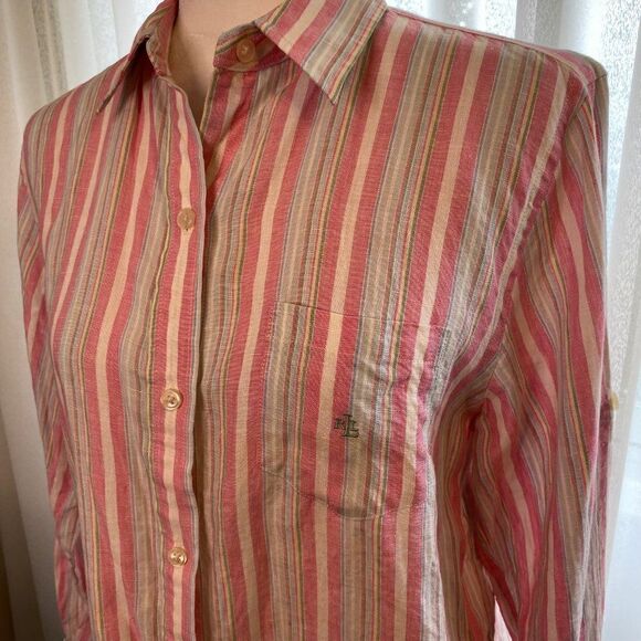 Lauren Ralph Lauren Linen Striped Button Front Boyfriend Long Sleeve Blouse SZ M - Picture 5 of 10